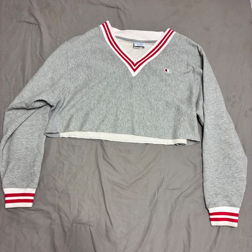Champion Reverse Weave Cropped V-Neck Sweatshirt Gray Red White XL